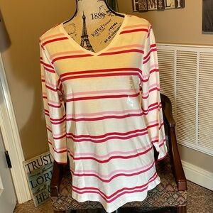 NWT KIM ROGERS MEDIUM PINK ON PINK STRIPES LONG SLEEVE V NECK TOP EXTRA SOFT NEW
